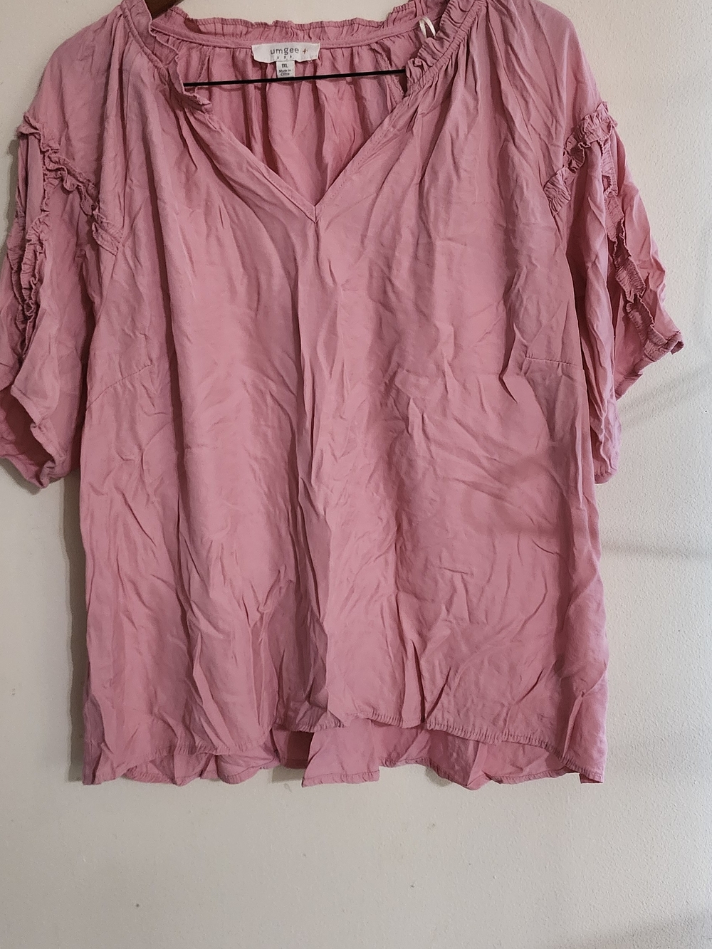 Umgee Plus Ruffle Sleeve V-Neck Blouse Dusty Pink Sz 1XL Boho Tunic